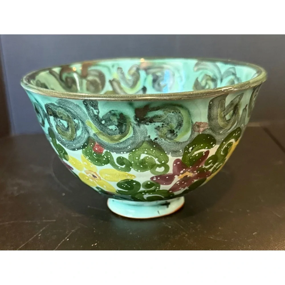 Studio Art Pottery Decorative Bowl Teal Hand Painted Floral Signed Cottage